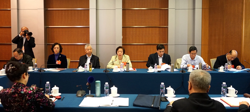 3月5日，出席全国政协十三届二次会议的台盟界政协委员，在委员驻地召开小组会，讨论政府工作报告。